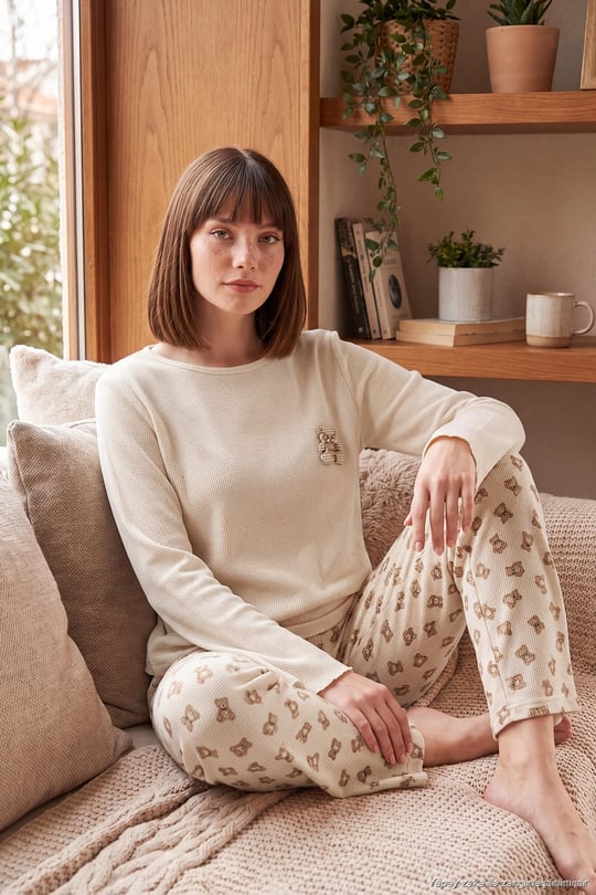 Yumuşak Dokulu Desenli Uzun Kollu Kadın Pijama Takımı 6575018 KREM