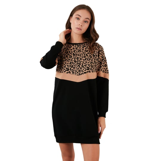 Leopar Desenli Renk Bloklu Oversize Bisiklet Yaka Kadın Tunik 5863604 SİYAH