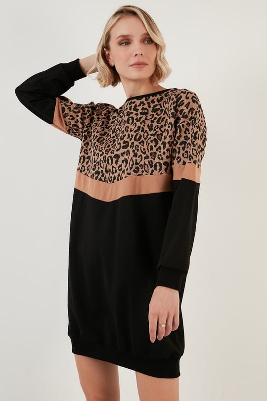 Leopar Desenli Renk Bloklu Oversize Bisiklet Yaka Kadın Tunik 5863604 SİYAH