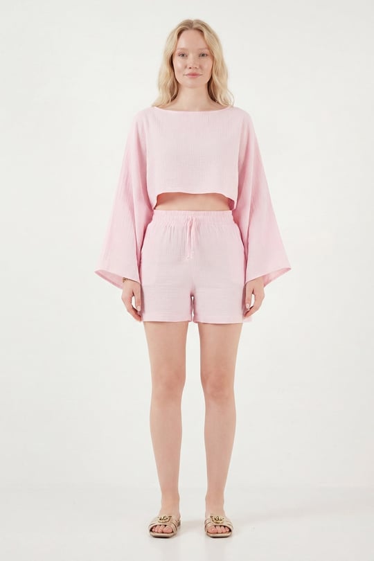 Pamuklu Comfort Fit Yuvarlak Yaka Şortlu Müslin Kadın Takım 5866317 PEMBE