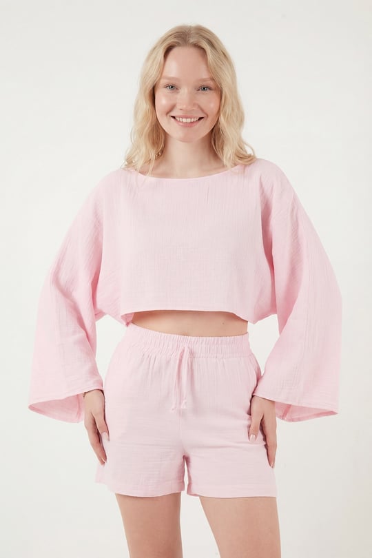 Pamuklu Comfort Fit Yuvarlak Yaka Şortlu Müslin Kadın Takım 5866317 PEMBE