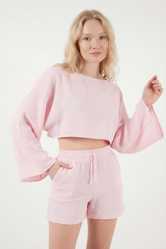 Pamuklu Comfort Fit Yuvarlak Yaka Şortlu Müslin Kadın Takım 5866317 PEMBE