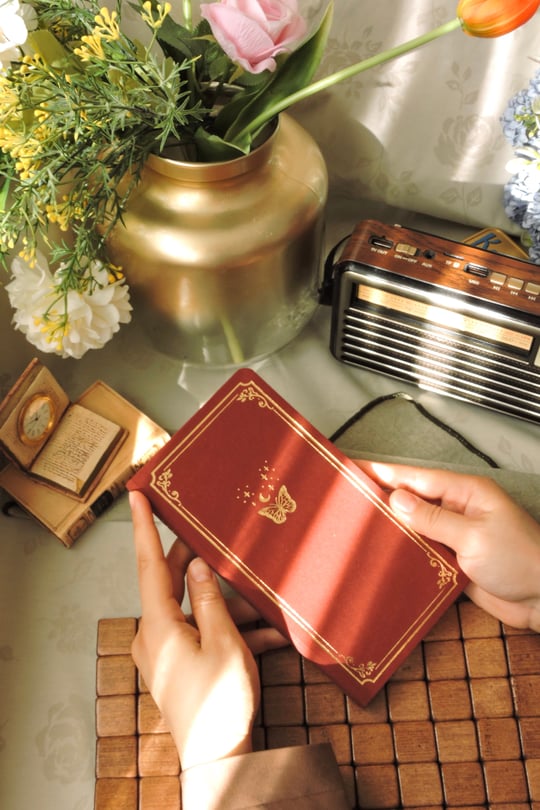 Nova Crafts Fairytale Bordo Noktalı Keten Defter / Yaldızlı Kapak ve Kenar /  10*20 cm / 90 gram ıvory 