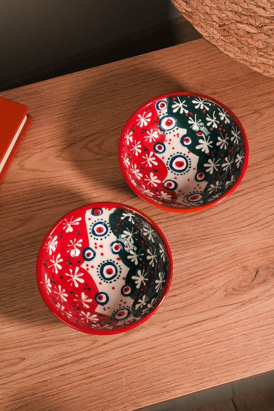 Nazar Boncuğu Desenli El Yapımı Seramik 2'li Kase Seti | Handmade | Mutfak | Dekoratif | (200ml)
