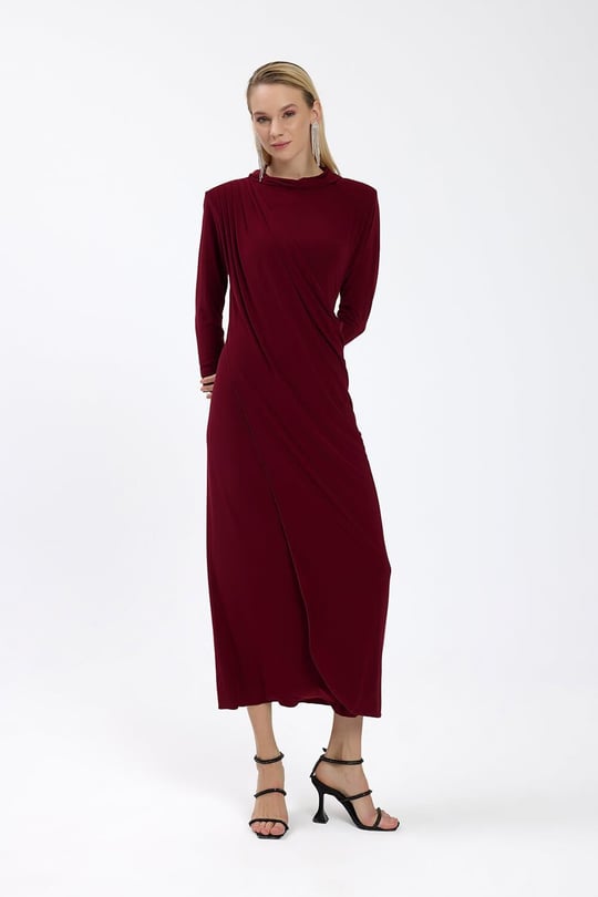 Bordo Drape Detaylı Elbise