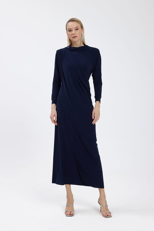 Lacivert Drape Detaylı Elbise