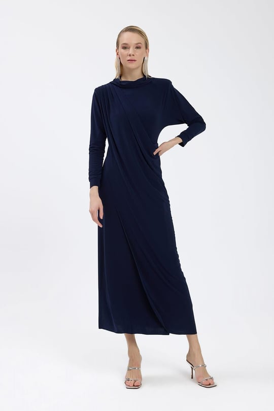 Lacivert Drape Detaylı Elbise