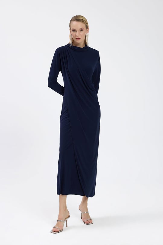 Lacivert Drape Detaylı Elbise