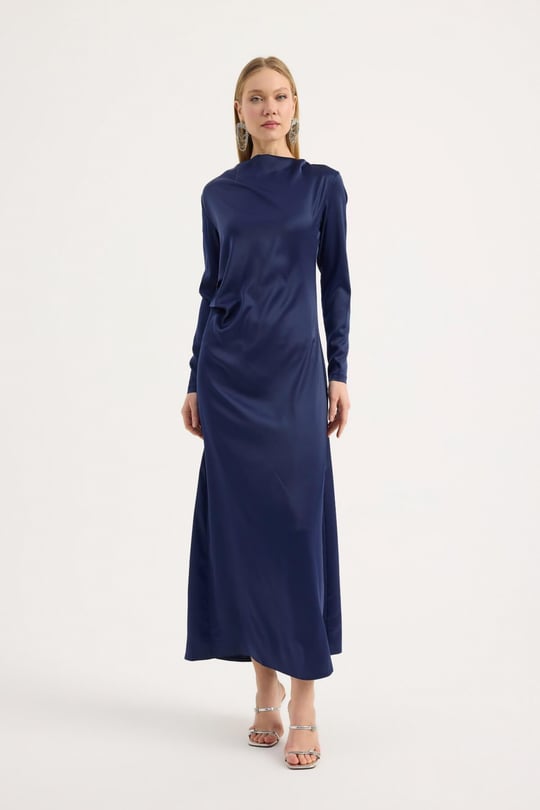 Lacivert Saten Drape Elbise