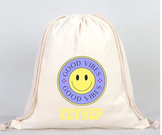 Retro Smiley Tasarımlı İsme Özel Ham Bez Çanta