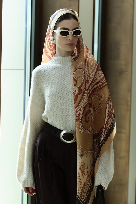Bej Bloom Paisley Yün İpek Şal
