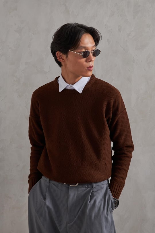 Erkek Bisiklet Yaka Oversize Ters Örgü Desen Kazak Bordo