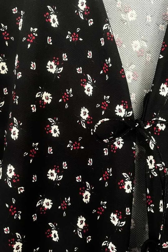 Siyah Çiçekli Önü Bağlamalı Kimono Tunik / Likralı Yazlık Kumaş