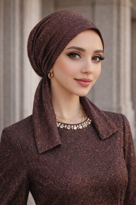 Bakır Siyah Işıltılı Abiye Eşarp Bone