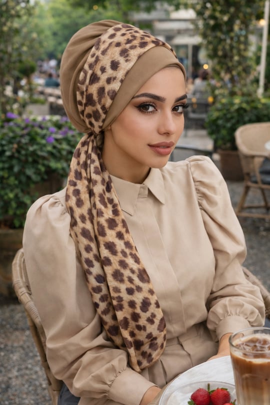 Bej Leopar Desen Fularlı Bone