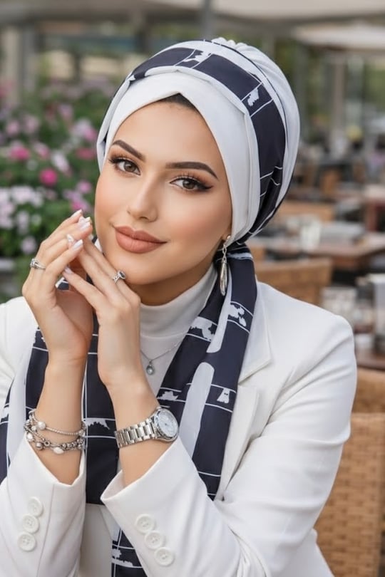 Beyaz Desen Fularlı Bone