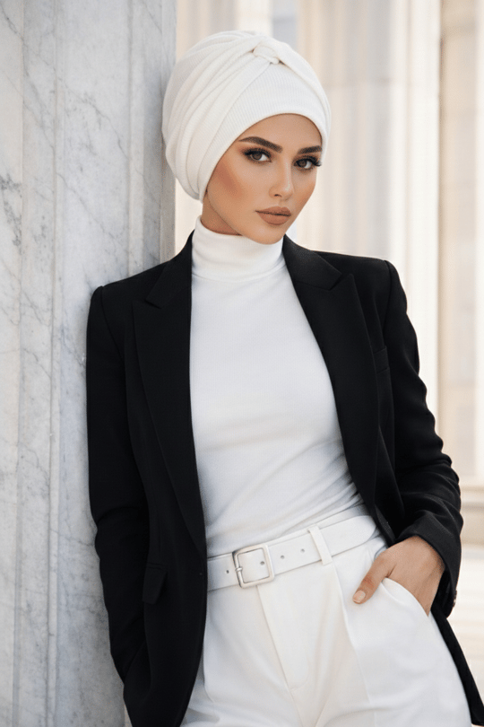 Beyaz Triko Fitilli Burgu Detaylı Bone