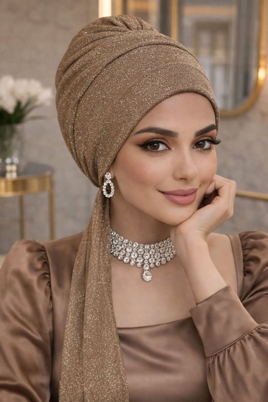 Bej Simli Abiye Atkılı Bone