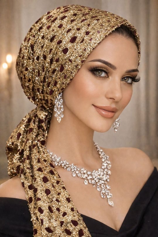 Bordo Gold Simli Abiye Eşarp Bone