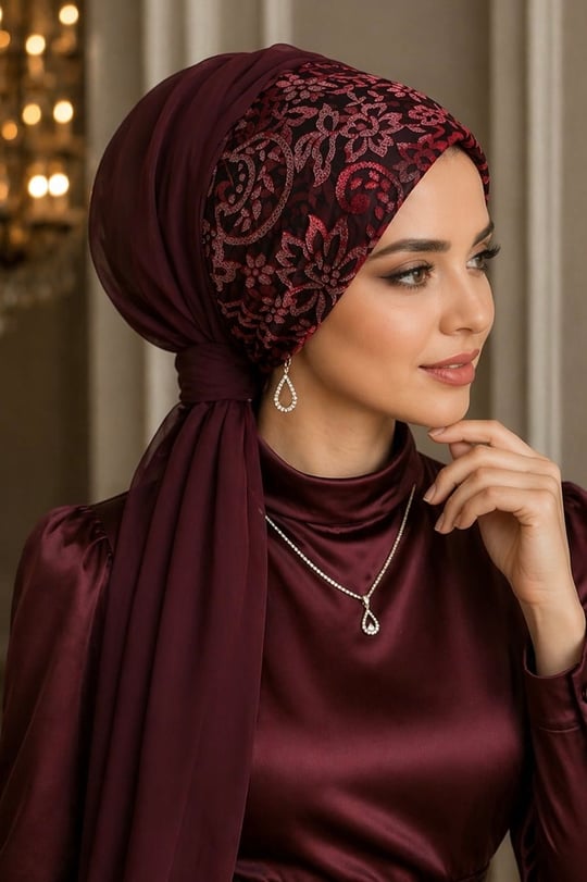 Bordo Kırmızı Abiye Tokalı Bone / Hazır Duvak