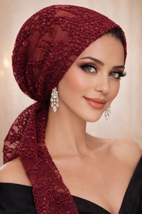 Bordo Simli Abiye Eşarp Bone