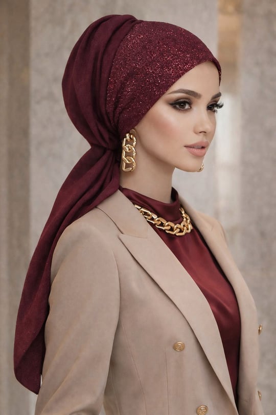 Bordo Simli Abiye Tokalı Bone / Hazır Duvak