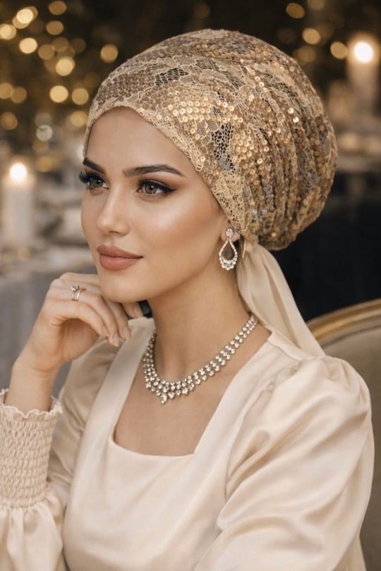 Dore Rengi Payet İşlemeli Eşarp Bone