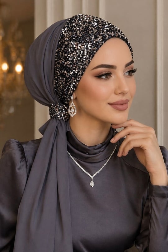 Füme Antrasit Payetli Tokalı Bone