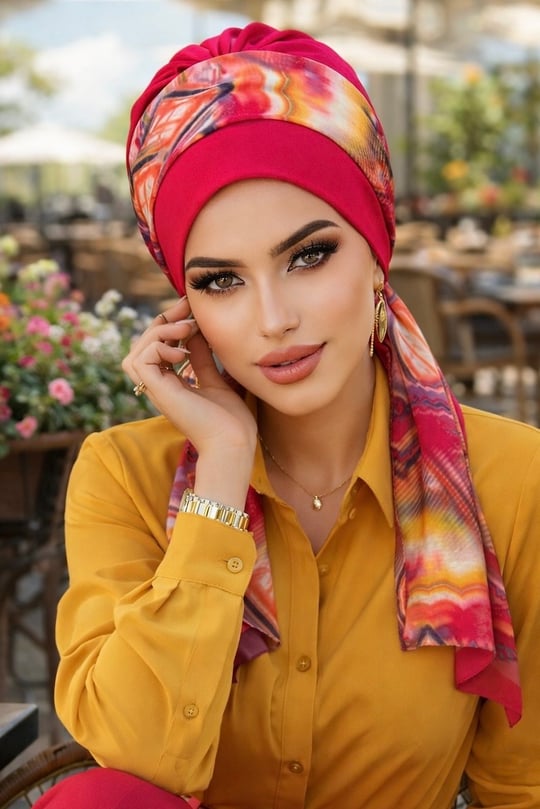 Fuşya Retro Desen Fularlı Bone