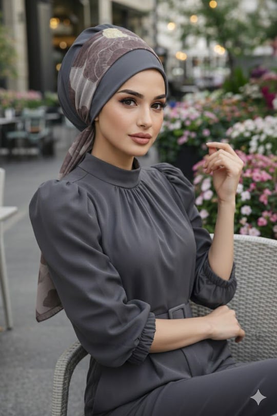 Gri Çiçek Desen Fularlı Bone