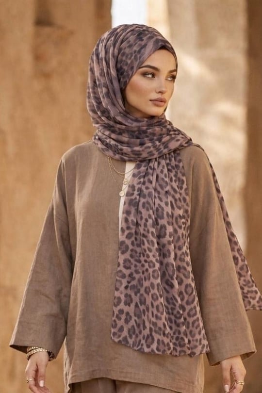 Gri Leopar Desenli Hazır Şifon Şal