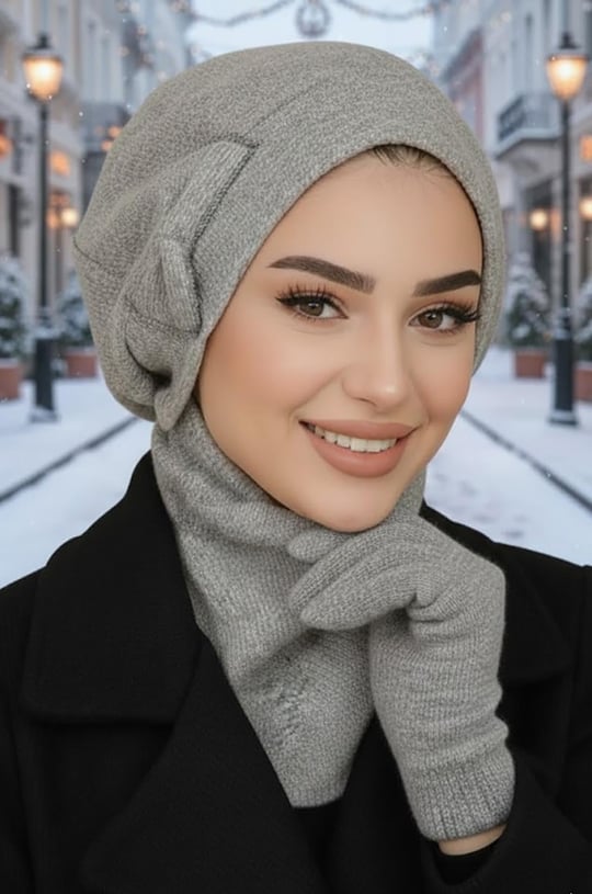 Gri Melanj Fiyonklu Tesettür Bere ve Etol Takım