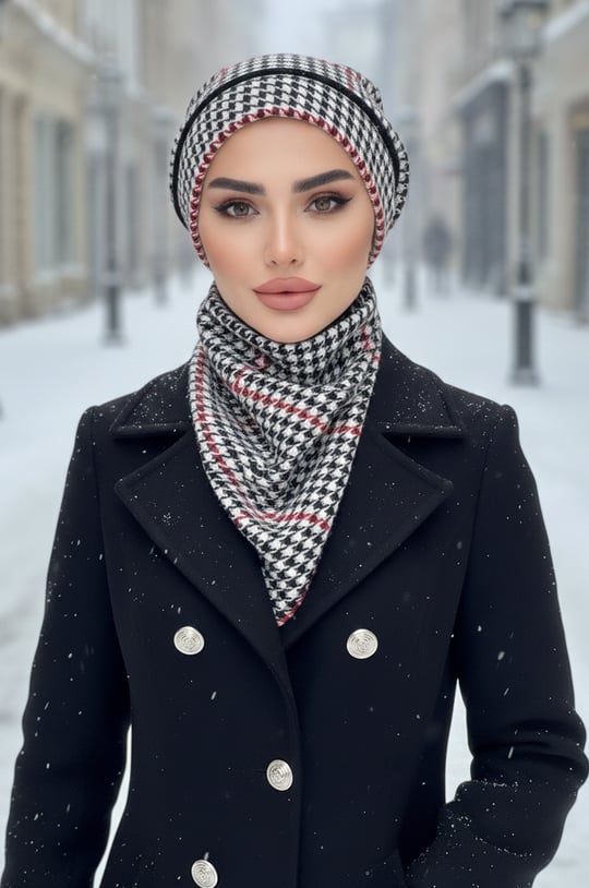 Siyah Kırmızı Kazayağı Tesettür Bere ve Etol Takım