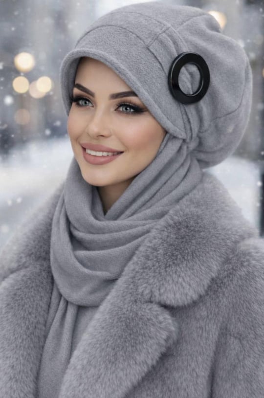 Gri Siyah Tokalı Tesettür Şapka