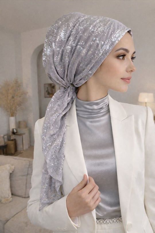 Gümüş Varaklı Eşarp Bone