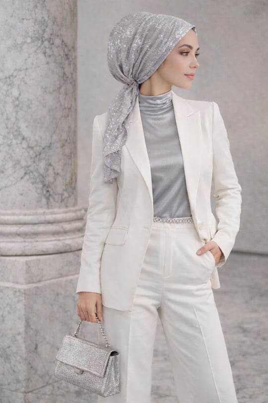 Gümüş Varaklı Eşarp Bone