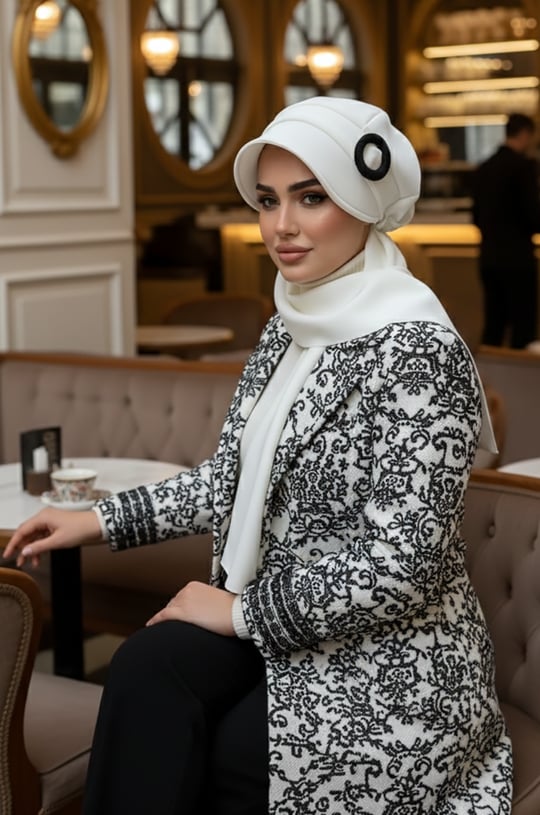 Beyaz Siyah Tokalı Tesettür Şapka