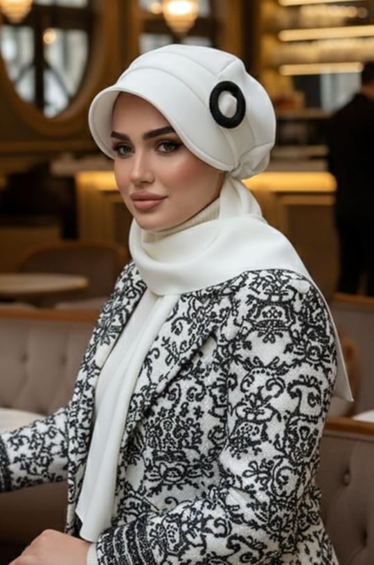 Beyaz Siyah Tokalı Tesettür Şapka