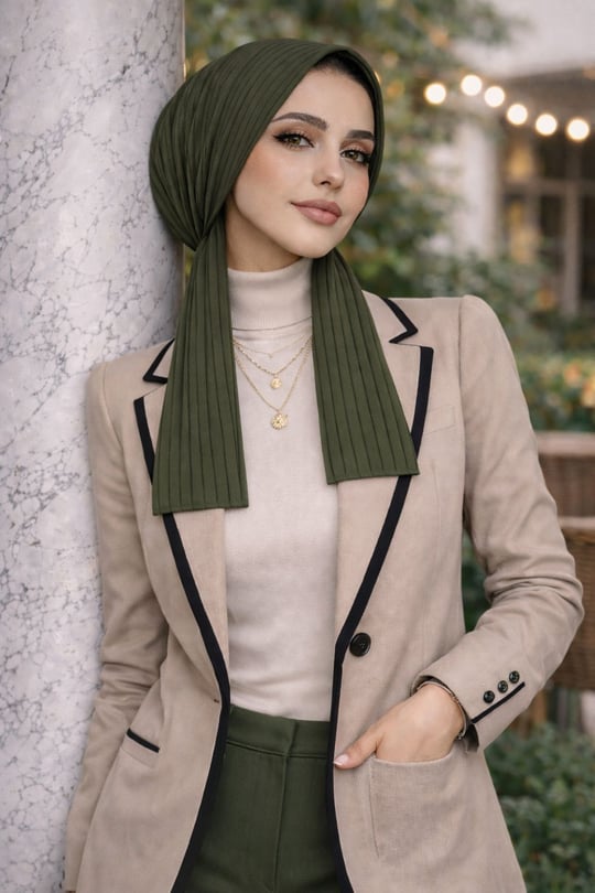 Haki Çizgili Eşarp Bone