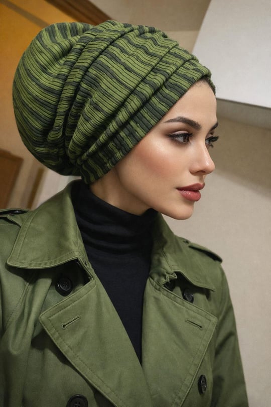 Haki Siyah Desen Büzgülü Salaş Bone