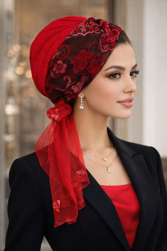 Kımızı Siyah Desenli Eşarp Bone