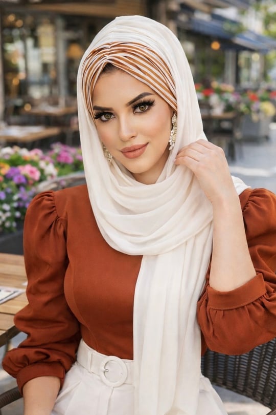 Kırık Beyaz Taba Çizgili Hazır Şal