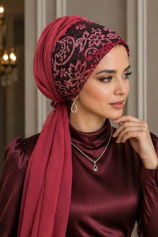 Kırmızı Siyah Abiye Tokalı Bone / Hazır Duvak