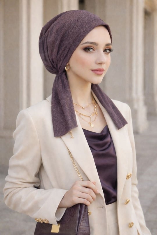 Koyu Mürdüm Siyah Işıltılı Abiye Eşarp Bone
