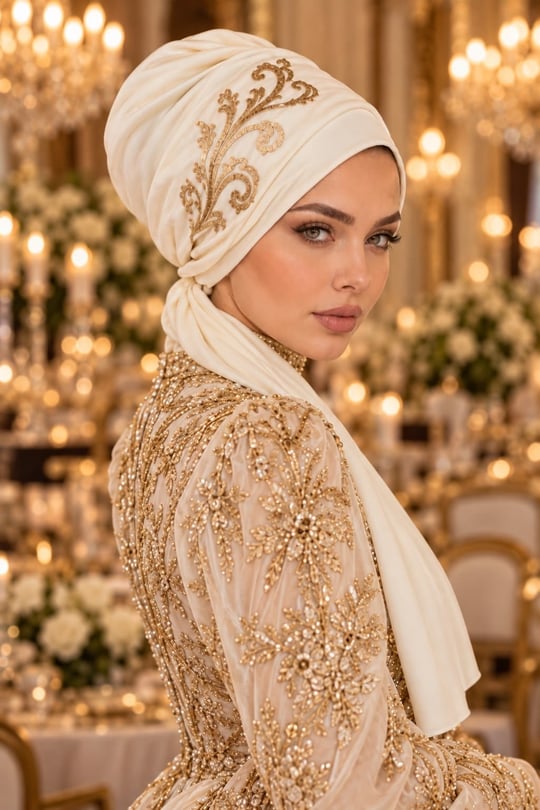 Krem Gold Detaylı Atkılı Abiye Bone
