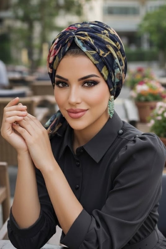 Lacivert Çiçek Desen Tokalı Bone