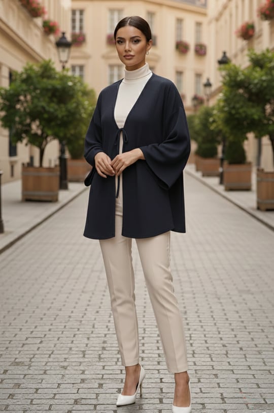 Lacivert Önü Bağlamalı Kimono Tunik /Likralı Yazlık Kumaş