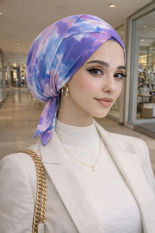 Lila Beyaz Batik Çapraz Bantlı Bone