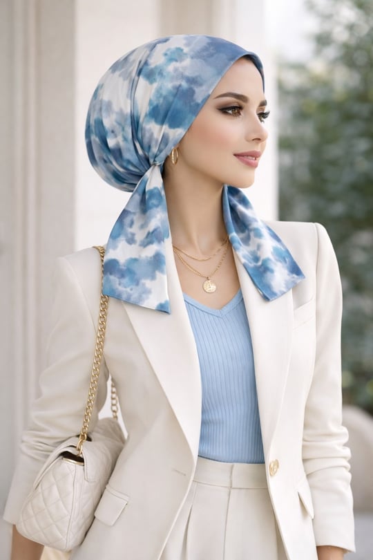 Mavi Batik Desen Eşarp Bone