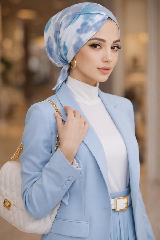 Mavi Beyaz Batik Çapraz Bantlı Bone